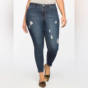 ELOQUII Viola Fit Peach Lift Distressed Skinny Jean, Dark Wash, Size 28
